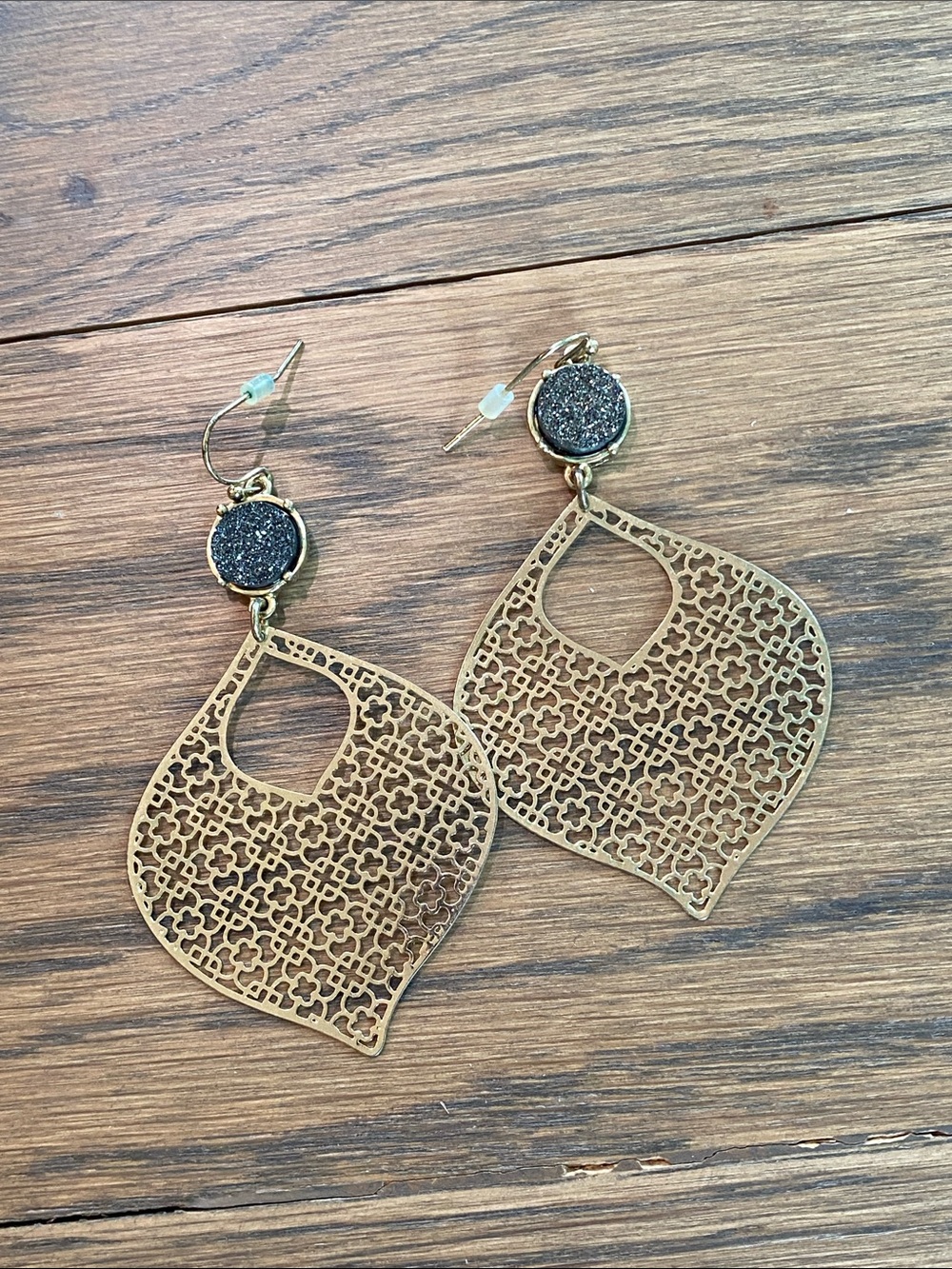 Antique Gold Filigree Teardrop Earrings with Black Druzy Accent